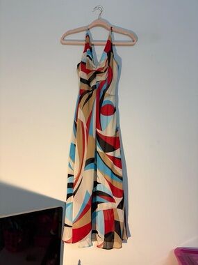 Abstract Multicolor Maxi Slip Dress with Cowl Neck